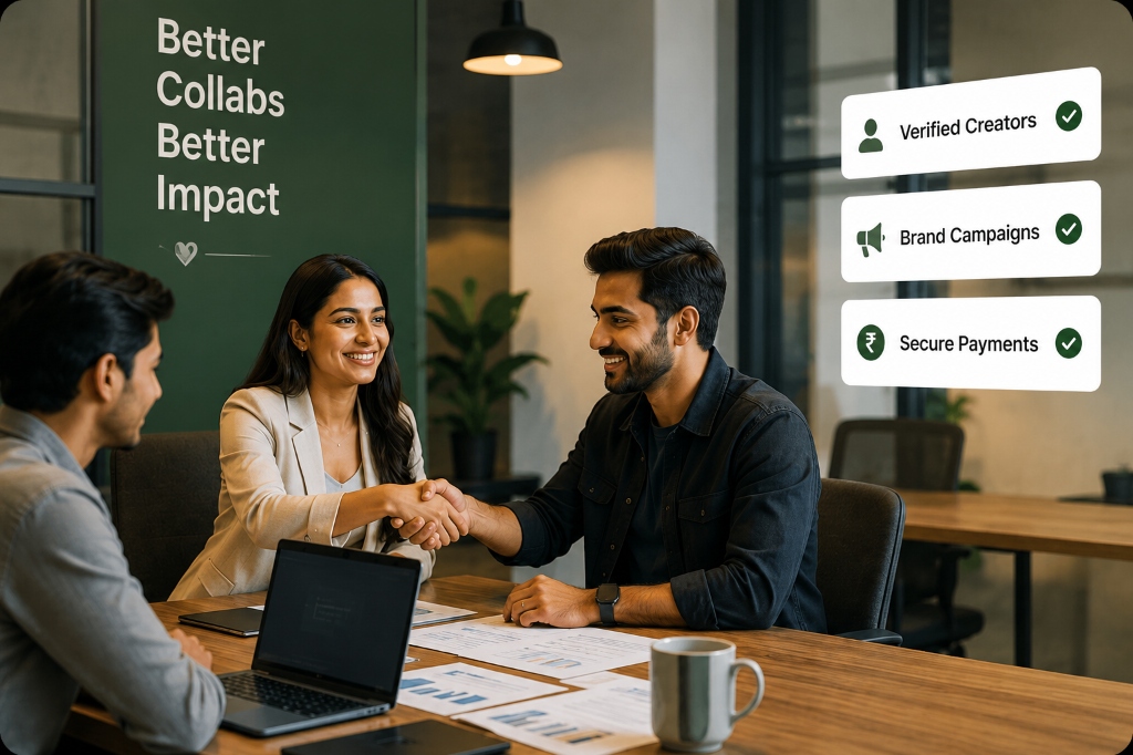 Creator and brand representative collaborating in a modern workspace